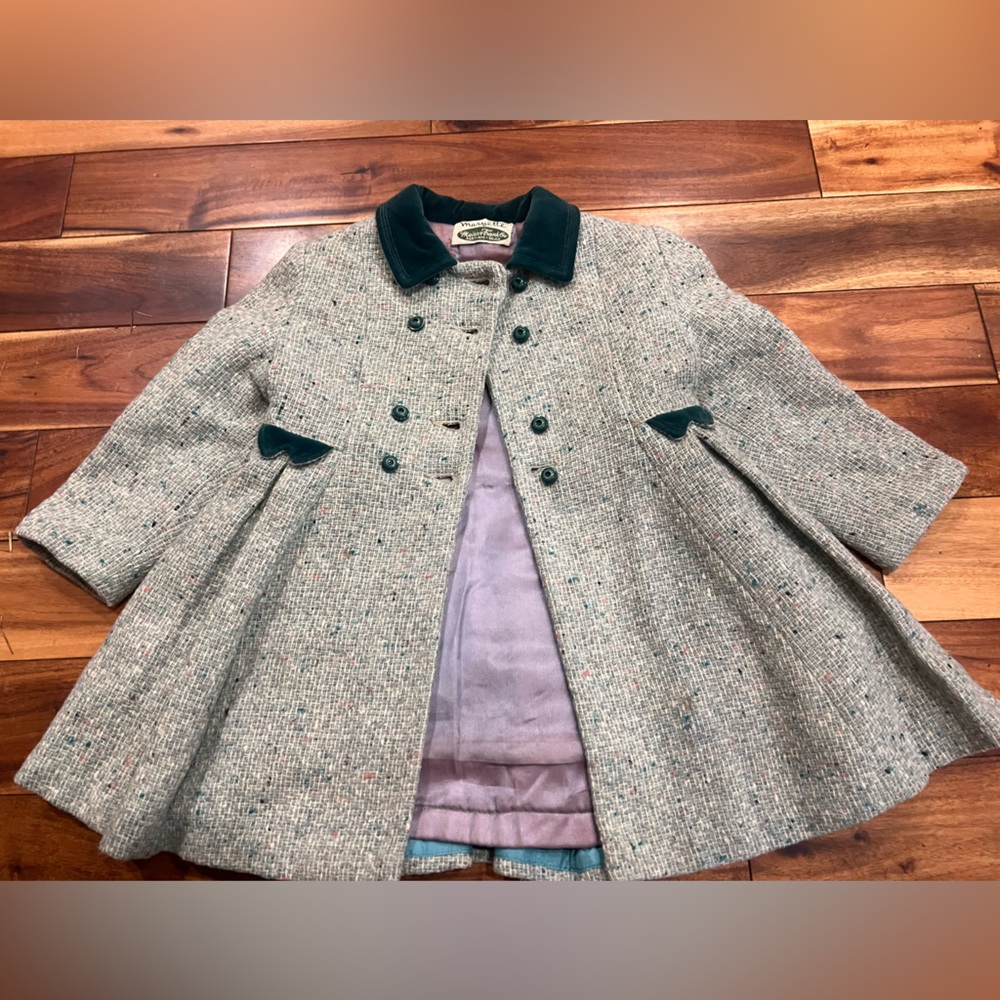 Bambury Original Vintage 50s 60s Wool Tweed Swing Coat Green Velvet Toddler Kids - Picture 11 of 15